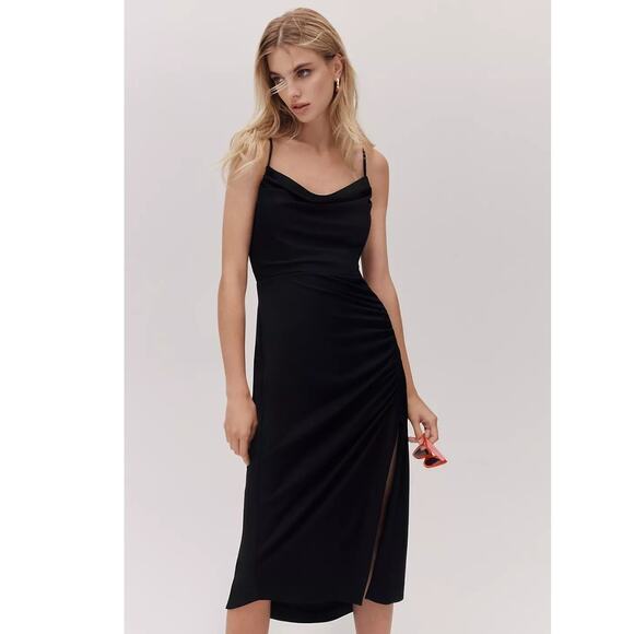 NWT By Anthropologie Cowl-Neck Ruched Dress $160 X-SMALL Black Asymmetrical - Picture 4 of 5